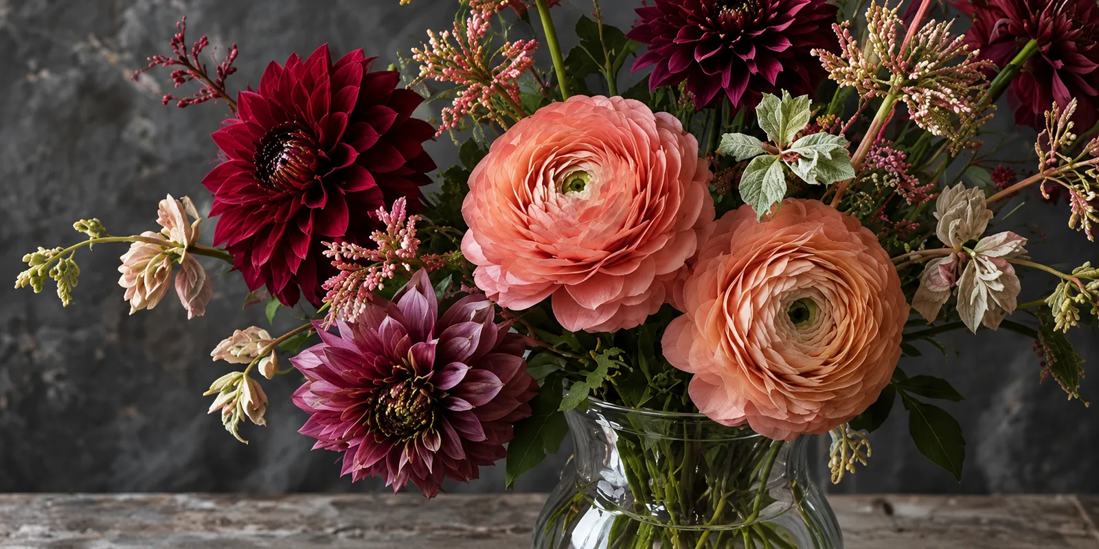 Plum dahlias and coral ranunculus in a glass vase against charcoal stone