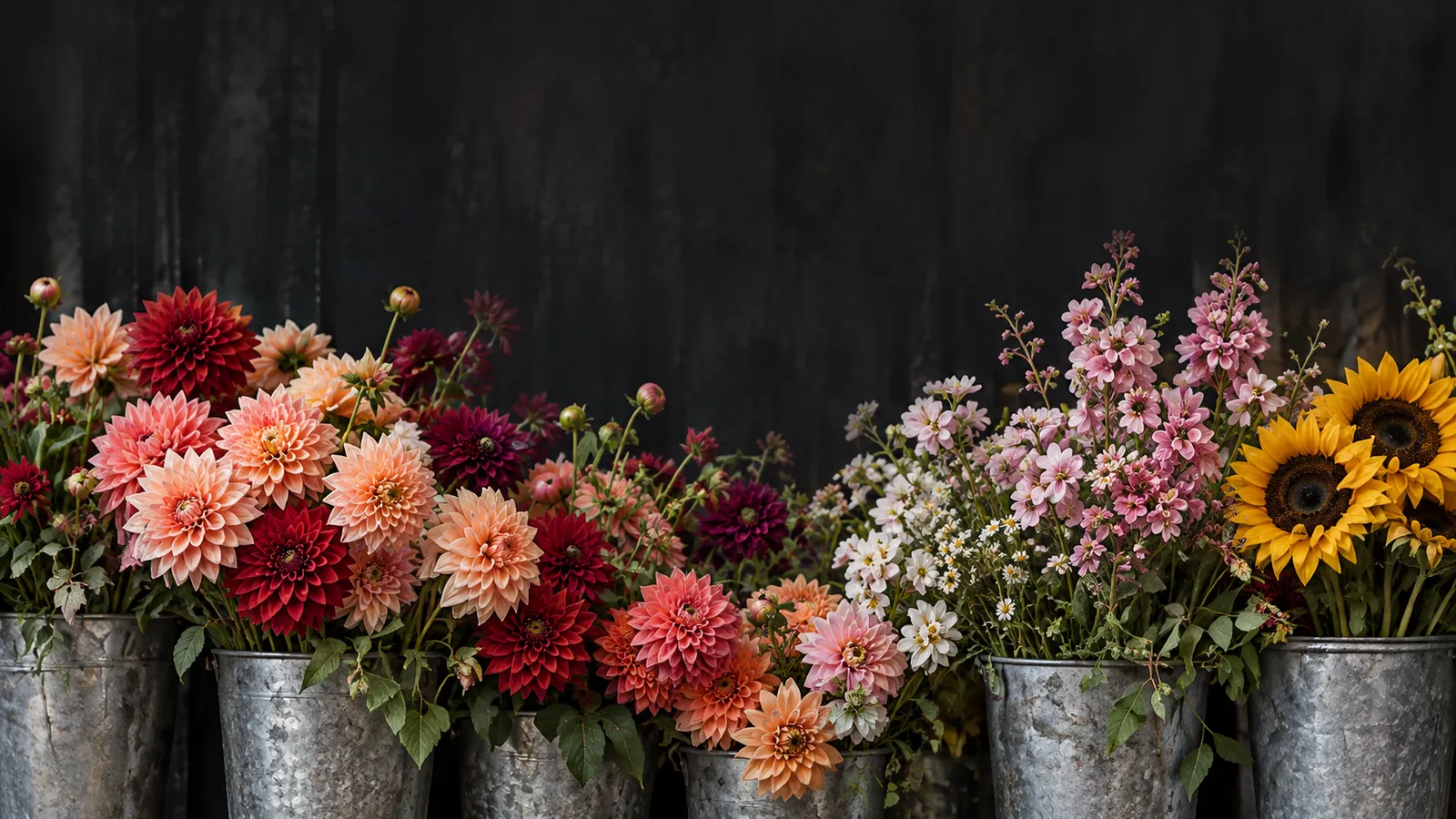A row of zinc buckets packed with dahlias, stocks and the last sunflowers in deep shadow