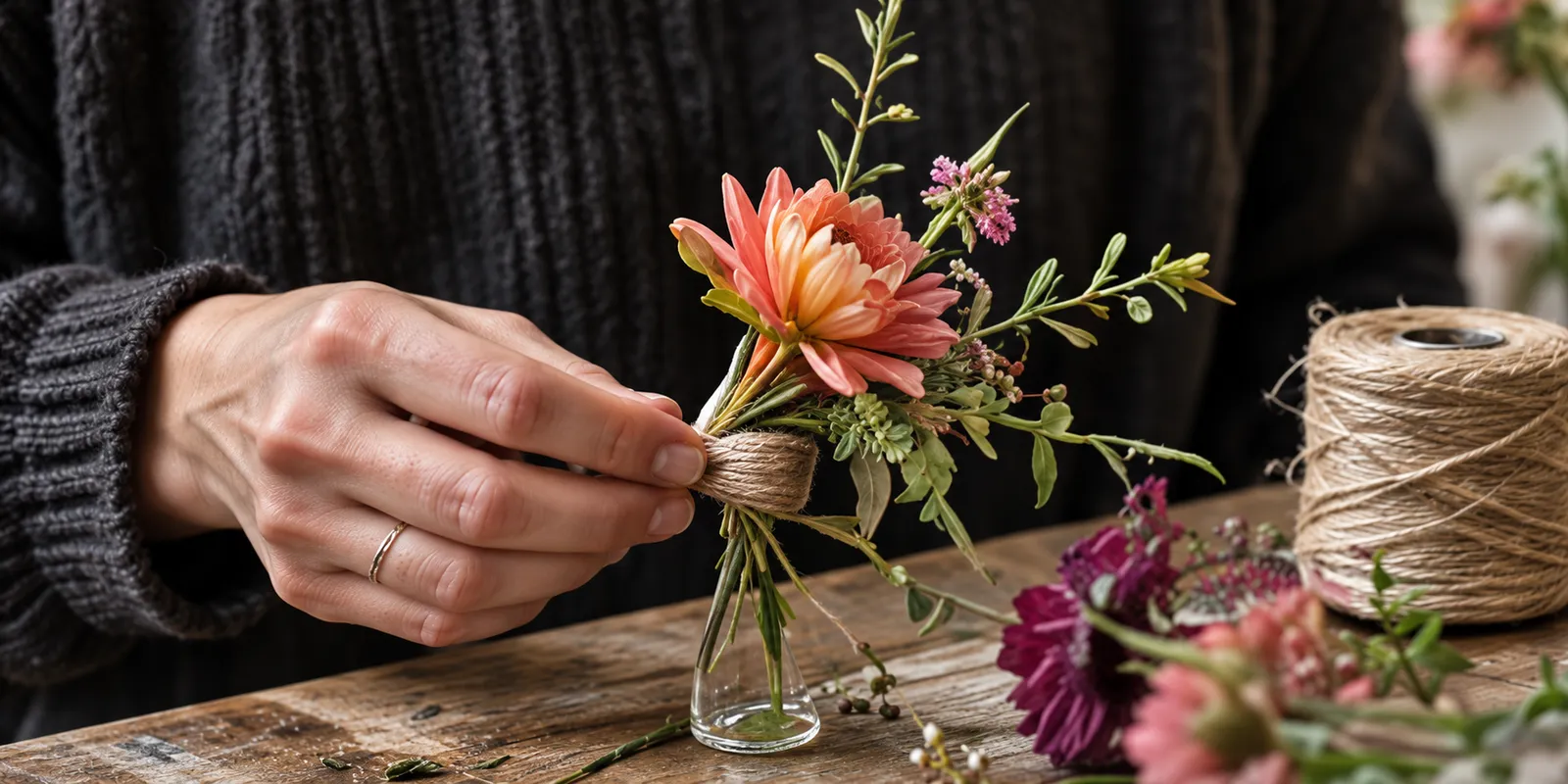 Hands wiring a small buttonhole of a coral dahlia beside a reel of twine