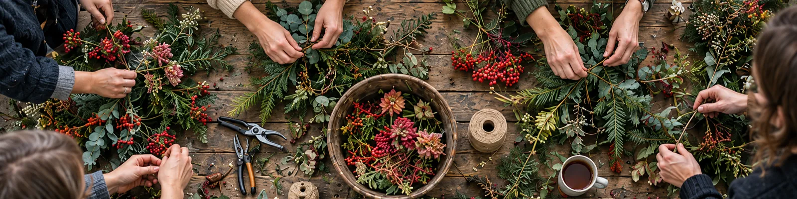 Hands around a worn timber table arranging winter foliage, berries and dahlias, seen from above